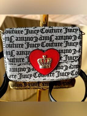 Juicy Couture Crossbody Bag Black White Logo Print Red Heart Crown Y2K Mini Bag